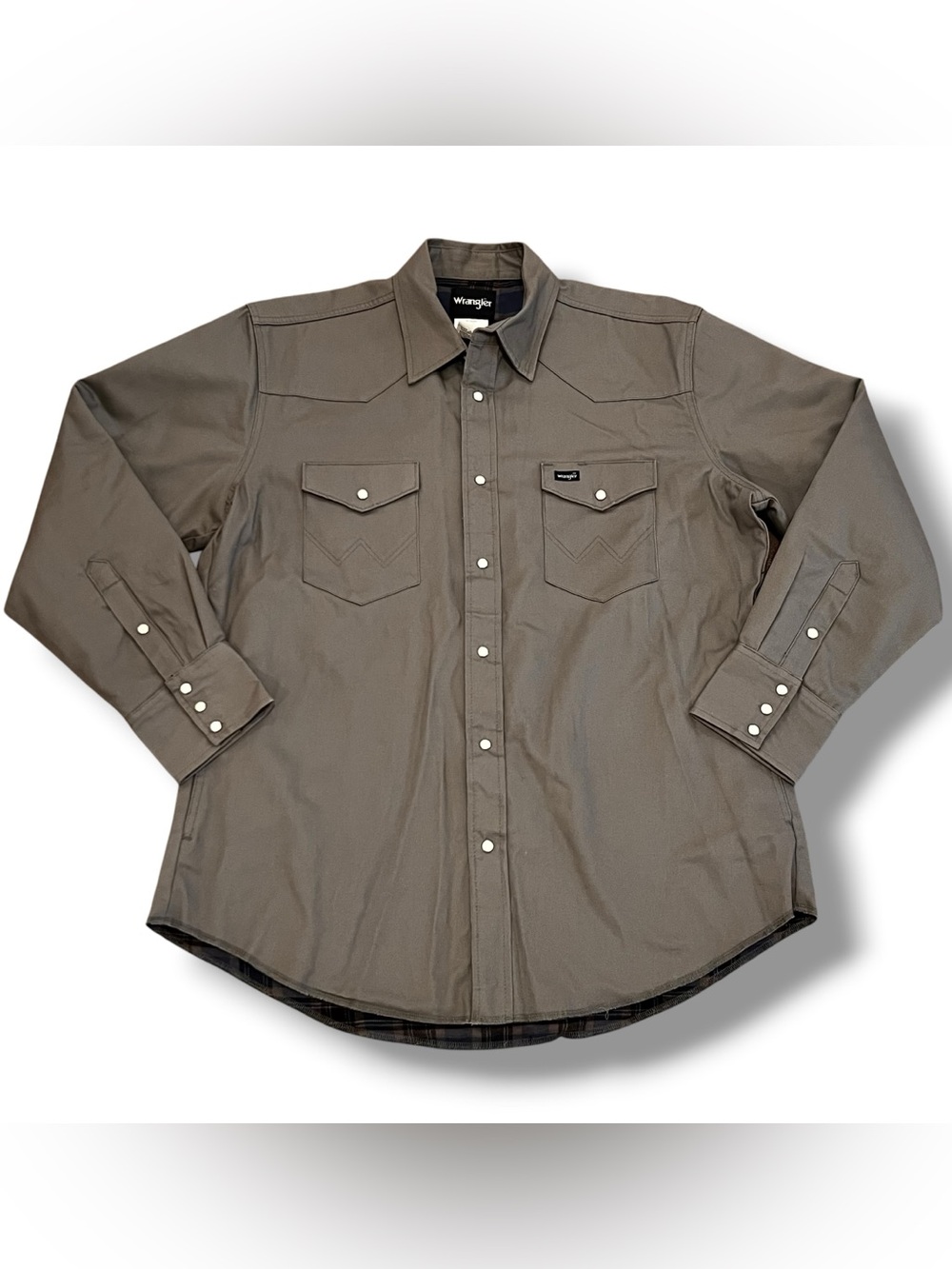 NWOT Wrangler Shirt Mens L Gay Cement Flannel Lined Pearl Snap Long Sleeve E-8